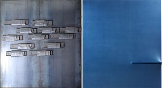 Left: Jannis Kounellis, Senza titolo, 1989, iron and lead, 183 x 206 x 12 cm, Courtesy Tornabuoni Art Right: Agostino Bonalumi, Blu, 1972, tempera on shaped canvas, 180 x 160 cm, Courtesy Tornabuoni Art