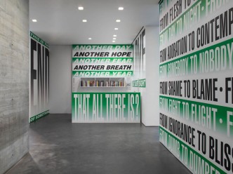 Barbara Kruger, Untitled, 2020, Digital print on vinyl, Desk: 127 x 373.4 cm, Large wall: 377.2 x 530.9 cm, Entry wall: 379.1 x 286.4 cm, West wall: 180.3 x 327.7 cm, North wall: 232.4 x 326.4 cm, Overall dimensions vary with installation, © Barbara Kruger, Courtesy the artist and David Zwirner Gallery