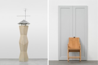 Photo: Left: Martin Boyce, While on the Roof, 2015, Jesmonite, galvanised steel and aluminum, Installation 326 x 115 x 105 cm, © Martin Boyce, Courtesy the artist and Galerie Eva Presenhuber Right: Martin Boyce, Turbulent Shores, 2020, Chair: Painted & galvanised steel, painted & galvanised perforated steel, Door: Tulipwood and birch ply, welded steel, brass, Chair 40.5 x 50 x 79 cm, Door 204 x 83 x 10 cm, © Martin Boyce, Courtesy the artist and Galerie Eva Presenhuber