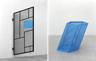 Left: Martin Boyce, We Are Still Here, 2005, Steel gate, powder coated black, 200 x 100 x 4 cm, © Martin Boyce, Courtesy the artist and Galerie Eva Presenhuber Right: Martin Boyce, We are Resistant. We Dry Out in the Sun (Large blue poolside bin, 2004, Powder coated black, 85 x 80 x 60 cm, © Martin Boyce, Courtesy the artist and Galerie Eva Presenhuber