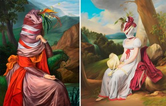 Photo: Left: Ewa Juszkiewicz, Untitled (after Elisabeth Vigée Le Brun), 2020, Oil on canvas, 160 × 120 cm, © Ewa Juszkiewicz, Courtesy the artist and Gagosian. Right: Ewa Juszkiewicz, Untitled (after Louis Leopold Boilly), 2019 Oil on canvas, 200 × 160 cm, © Ewa Juszkiewicz. Photo: Bartosz Gorka, Courtesy the artist and Gagosian