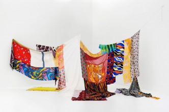 Eric N. Mack, Billow, Waist, Repose, 2019, Sculpture - Fabric, silk scarves, thread, pins and rope, 196 x 479 x 140 cm, © Eric N. Mack, Courtesy the artist and Peres Projects