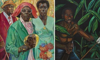 Left: Armand Baag, Baag Familiy Portrait, 1989, oil on canvas. Collection Joyce, Sura and Surina Baag, Amsterdam Right: Frank Creton, Refugee, 1983, collection Factor-IJ. Photo: Gert Jan van Rooij