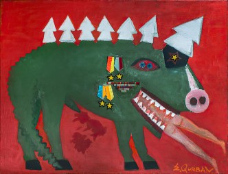 Eldar Gurban, Man-Eating Pig, 1991, Oil on canvas, 80 x 105 cm, © Eldar Gurban, Courtesy the artist and Museum of Azerbaijani Painting of the XX-XXI Centuries