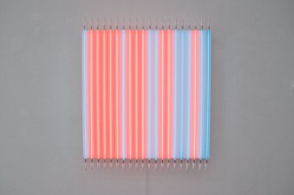 François Morellet, Rouge pair - Bleu impair n° 5, 2012, Eleven red neon tubes and 9 blue argon tubes, acrylic on canvas, 120 x 100 cm / 47 1/4 x 39 3/8 in, © François Morellet/Artists Rights Society (ARS), New York/ADAGP, Paris, Courtesy Estate Morellet