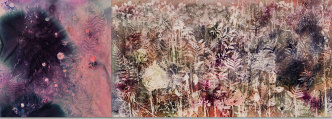 Sam Falls, Night Rain, Morning Mist (Autumn), 2020, Pigment on canvas; 2 parts, Painting 1: 170.5 x 160.5 x 3 cm / 67 1/8 x 63 1/4 x 1 1/8 inches, Painting 2: 170.5 x 316.5 x 3 cm / 67 1/8 x 124 5/8 x 1 1/8 inches, Total dims.: 170.5 x 477 x 3 cm / 67 1/8 x 187 3/4 x 1 1/8 inches, © Sam Falls, Courtesy the artist and Galerie Eva Presenhuber