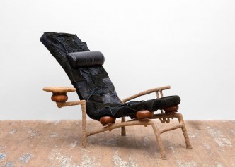 Jessi Reaves, Muscle Chair (Laying down to talk), 2016, Suede, steel, sawdust, bun feet, resin, and foam, 45 x 62 x 40 inches, Collection Paul Pincus-New York