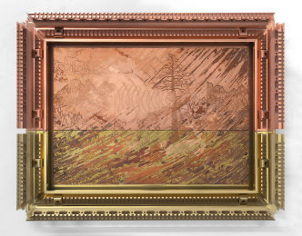 Matthew Barney, Cosmic Hunt: MultiCam Virgin, 2019, One electroplated copper plate with vinegar patina and seven engravings, on asphaltum ground in copper and charred pine frames, © Matthew Barney, Courtesy Sadie Coles HQ-London