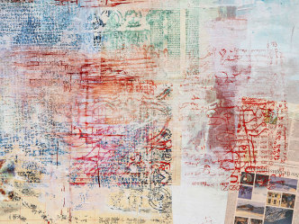 Mandy El-Sayegh, transliterated cut script (detail), 2021, Oil and mixed media on silkscreened linen, 57.48 x 61.42 inches / 146 x 156 cm, Photo: Damian Griffiths, © Mandy El-Sayegh, Courtesy the artist and Lehmann Maupin Gallery