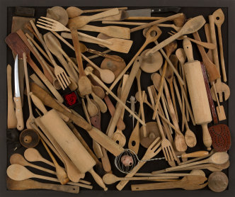 Daniel Spoerri, Ohne Titel, 2020, Objects of wood, 80 x 95 cm, Daniel Spoerri, Courtesy the artist and Galerie Krinzinger