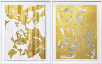 Left: Jim Hodges, Between the flowers and the birds #2, 2020-21, 24K gold, tracing paper with pencil on paper, 30 x 22 inches / 76.2 x 55.9 cm, Framed: 33 5/8 x 26 1/4 x 1 1/2 inches / 85.4 x 66.7 x 3.8 cm, © Jim Hodges, courtesy the artist and Gladstone Gallery. Right: Jim Hodges, Between the flowers and the birds #4, 2020-21, 24K gold, tracing paper with pencil on paper, 30 x 22 inches / 76.2 x 55.9 cm, Framed: 33 5/8 x 26 1/4 x 1 1/2 inches / 85.4 x 66.7 x 3.8 cm, © Jim Hodges, courtesy the artist and Gladstone Gallery