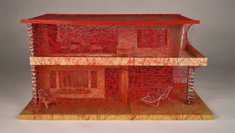 Chiharu Shiota, State of Being, 2021, doll house and threads, 42,5 × 81,5 × 45 cm - 16 6/8 × 32 1/8 × 17 6/8 in, © Chiharu Shiota, Courtesy the artist and Galerie Templon