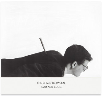 John Baldessari, The Space Between Head and Edge, 2019, Varnished inkjet prints on canvas with acrylic paint, 137.5 x 146.4 x 3.8 cm / 54 1/8 x 57 5/8 x 1 1/2 inches, © John Baldessari 2019. Courtesy Estate of John Baldessari © 2021