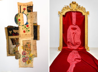 Left: Maro Michalakakos, regard carmin, Velvet and Gold Plated Frame, 220 × 130 × 220cm Mirror: 130 × 205cm Right: Margarita Petrova, West and the rest, 2020, Embroidery, Plastic Fan, 61 Χ 120 cm