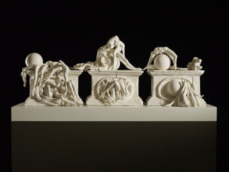 Rachel Kneebone, Still Life Triptych, 2011, Porcelain, 24 7/16 × 57 1/16 × 18 1/2 in. (62 × 145 × 47 cm), © Rachel Kneebone, Courtesy the artist and white Cube gallery