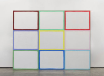 Andrea Büttner, Untitled (Painted Ceiling), 2020, oil on canvas, aluminum, 118 7/8 x 154 1/4 x 1 1/8 inches (301.9 x 391.8 x 2.9 cm), framed: 119 x 154 3/8 x 18 1/4 inches (302.3 x 392.1 x 46.4 cm), © Andrea Büttner, Courtesy the artist and David Kordansky Gallery