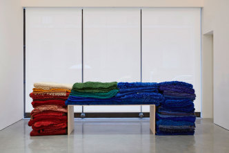 Yto Barrada, Geological Time Scale (assembled group of primarily monochrome Beni Mguild, Marmoucha, and Ait Sgougou pile rugs from Western Central, Middle Atlas, Morocco), Mid-20th Century, mixed media, dimensions variable, © Yto Barrada,, Courtesy the artist and Pace Gallery