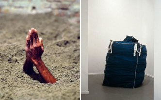 Left: Maurizio Cattelan, Mother, 1999, Fakir, performance, Installation view, 48th Venice Biennale, 1999 Courtesy Maurizio Cattelan's Archive, Photo: Attilio Maranzano Right: Maurizio Cattelan, Lullaby, 1994, Fabric, rubble, 135 x 85 x 85 cm, Installation view, Laure Genillard Gallery, London, 1996, Courtesy Maurizio Cattelan’s Archive