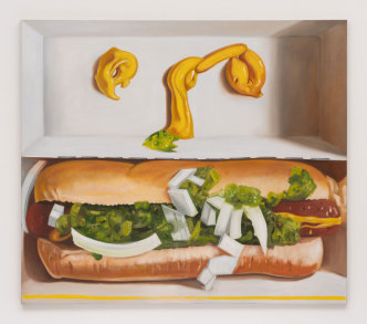 Raul Guerrero, Hot Dog: The Weinerschnitzel, 2006, oil on linen, 70 x 80 x 1 1/2 inches, (177.8 x 203.2 x 3.8 cm), © Raul Guerrero, Courtesy the artist and David Kordansky Gallery