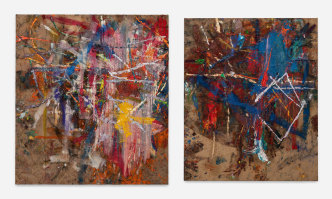 Left: Spencer Lewis, Untitled, 2021, Oil, enamel, acrylic and ink on jute, 68 x 61 inches (172.7 x 155 cm), © Spencer Lewis; Photo by Ruben Diaz; Courtesy the artist and Vito Schnabel Gallery. Right: Spencer Lewis, Untitled, 2021, Oil, enamel, acrylic and ink on jute, 84 x 68 inches (213.4 x 172.7 cm), © Spencer Lewis; Photo by Ruben Diaz; Courtesy the artist and Vito Schnabel Gallery