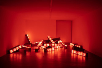 Yukinori Yanagi , Article 9, 1994, Neon, plastic box, print on transparency sheet and acrylic frame, Installed dimensions variable, Photo: Jenalee Harmon © Yukinori Yanagi, Courtesy the artist and Blum & Poe Gallery