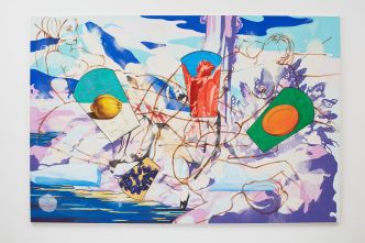 David Salle, Ice Flow II, 2001, Oil and acrylic on canvas and linen, 72 x 108 inches / 182.9 x 274.3 cm, © David Salle, Courtesy the artist and Lehmann Maupin