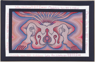 Judy Chicago, The Crowning 4, 1984, Painting on 18 mesh canvas by Judy Chicago with Lynda Healy; needlepoint by Frannie Yablonsky. 40 1/2 x 61 1/2 in. (102.9 x 152.4 cm). © Judy Chicago / Artists Rights Society (ARS), New York. Photograph by Jorge Bachman, courtesy of the Fine Arts Museums of San Francisco