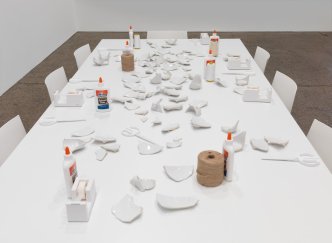 Yoko Ono, Mend Piece, 1966-2021, Broken cups and saucers, thread, glue, tape, © Yoko Ono, Courtesy the artist and Whitechapel Gallery