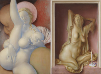 Left: John Currin, Caryatid, 2021, Oil on canvas, 50 × 34 inches (127 × 86.4 cm), © John Currin, Photo: Rob McKeever, Courtesy the artist and Gagosian Right: John Currin, Pinup, 2021, Oil on canvas, 54 × 36 inches (137.2 × 91.4 cm)© John Currin, Photo: Rob McKeever, Courtesy the artist and Gagosian