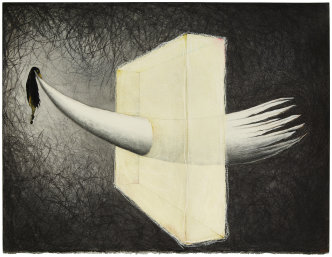 Claire Morgan, Piercing, 2021, Charcoal, pastel, pencil and water colour on paper, 28.3 x 36.7 cm (11 1/4 x 14 1/2 in), Frame: 35.3 x 43.5 x 3.5 cm, signed and dated recto lower right: CM 21, © Claire Morgan, Courtesy the artist and Galerie Karsten Greve