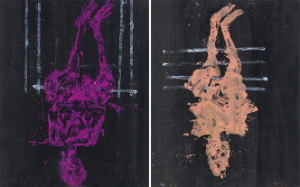 Left: Georg Baselitz, Einzelzimmer, Einzelbett, 2021, Oil on canvas, 250 x 200 cm, © Georg Baselitz, Courtesy the artist and Gallerie Thaddaeus Ropac. Right: Georg Baselitz, Go in and out, 2021, Oil on canvas, 250 x 200 cm, © Georg Baselitz, Courtesy the artist and Gallerie Thaddaeus Ropac