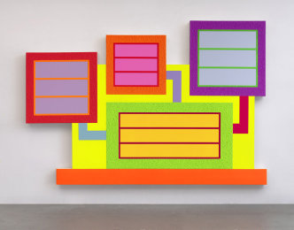 Peter Halley, A Perfect Plan, 2020, Acrylic, fluorescent acrylic and Roll-a-Tex on canvas,74 x 108.5 inches, © Peter Halley, Courtesy the artist and Xippas Gallery