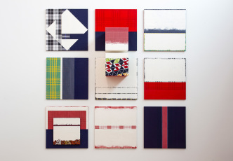 Remy Jungerman, FODU composition 9 from 24, cotton textile, kaoling (pimba), wood, 200 x 200 x 26 cm, 2014-2015. Kunstmuseum Den Haag. Photography Aatjan Renders