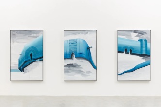 Shahpour Pouyan, Flying walls, 2021, Acrylic paint on canvas, three parts, each 189,3 x 120,5 x 7 cm, © Shahpour Pouyan, Courtesy of the artist and Galerie Nathalie Obadia, Paris/Brussels