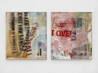 Mandy El-Sayegh, Recombinant series (call for), 2020, Resin, oil silkscreened muslin, acrylic newspaper and wood in artist's brass frame, Diptych, each: 54.6 x 47 cm, © Mandy El-Sayegh, Courteys the artist and Thaddaeus Ropac Gallery