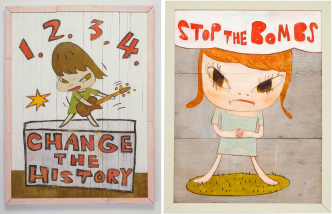 Yoshitomo Nara, 1.2.3.4., Change the History, 2007, acrylic on wood, 74-7/16" × 55-1/2" × 3-1/8", © Yoshitomo Nara, Courtesy the artist and Pace Gallery. Right: Yoshitomo Nara, STOP THE BOMBS, 2019, acrylic on wood, 58-7/8 x 46-1/4 x 3-1/16" © Yoshitomo Nara, Courtesy the artist and Pace Gallery