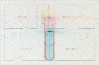 Arakawa, Textures of Time, 1977, acrylic, pencil and art marker on canvas, framed, 175.3 x 262.9 cm, © Estate of Madeline Gins, Reproduced with the permission of the Estate of Madeline Gins, Photo Rob McKeever, Courtesy Estate of Madeline Gins and Gagosian