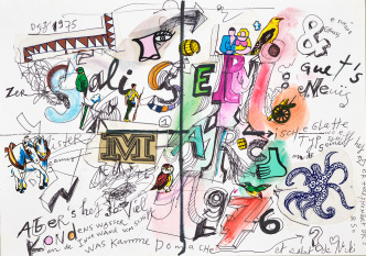 ean Tinguely, Letter collage to Josef Imhof, Sali Sepi I Guet's Neuis, 1975, Collage, ball pen and watercolour on paper, 21 x 29.5 cm, Museum Tinguely, Basel, Donation Josef Imhof, © 2021 ProLittens Zurich; Museum Tinguely, Basel