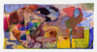 Rachel Jones, A Sliced Tooth, 2020, Oil stick and oil pastel on canvas, 161 x 328 cm, © Rachel Jones, Institute of Contemporary Art, Miami, Courtesy the artist and Thaddaeus Ropac Gallery