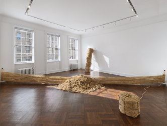 Kishio Suga, Fieldology, 1974/2015, Rope, Three parts; installed dimensions variable, 24 x 295 x 56 inches; 71 x 17 (diameter) inches; 14 x 17 (diameter) inches, © Kishio Suga, Courtesy the artist and Blum & Poe Gallery