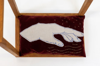 Ana Mazzei, Cadeira Meditacao (detail), 2021, Wood and Cushion, 72.5 x 47 x 31 cm © Ana Mazzei, Courtesy the artist and Green Art Gallery