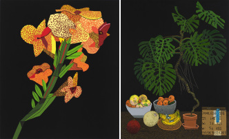 Left: Jonas Wood, Yellow Flower with Lines 2, 2021 Oil and acrylic on linen, 42 × 36 inches (106.7 × 91.4 cm), © Jonas Wood. Photo: Marten Elder, Courtesy the artist and Gagosian. Right: Jonas Wood, Black Monstera Still Life, 2021 Oil and acrylic on linen, 58 × 45 inches (147.3 × 114.3 cm), © Jonas Wood. Photo: Marten Elder, Courtesy the artist and Gagosian