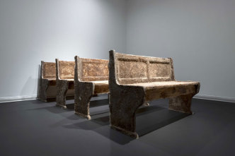 Guido Casaretto, Black Hole (church bench), Cast of wood chips, 6 pieces; 90 x 130 x 50 cm (each), 2020, © Guido Casaretto, Courtesy the artist and Zilberman Gallery