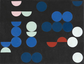 Sophie Taeuber-Arp. Animated Circle Picture. 1935. Oil on canvas. 19 7/8 × 25 5/8″ (50.5 × 65.1 cm). Albright-Knox Art Gallery, Buffalo, N.Y. Charles Clifton Fund. Courtesy Albright-Knox Art Gallery, photo Brenda Bieger