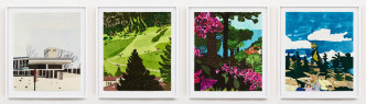 Jonas Wood, Four Landscapes, 2020, Ukiyo-e Japanese style woodcuts on paper, set of four, each: 26 x 22 inches, (66 x 55.9 cm), framed, each: 29 5/8 x 25 3/8 x 1 3/4 inches (75.2 x 64.5 x 4.4 cm), AP2, Edition of 35, with 20 AP, © Jonas Wood, Courtesy the artist and David Kordansky Gallery