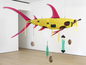 Ashley Bickerton, Yellow-Magenta Shark, 2021, Polyurethane resin, nylon, cotton webbing, stainless steel, scope, distilled water, coconuts, rope, 60 x 108 x 42 inches, © Ashley Bickerton, Courtesy the artist and Lehmann Maupin