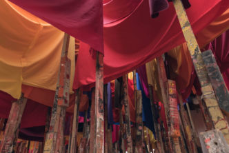 Phyllida Barlow, untitled: 100banners; 2015 (detail), 2015, Timber, plywood, tape, wadding, fabric, paint, sand, plastic, cement, plaster, Dimensions variable, Phyllida Barlow. frontier, Installation view, Haus der Kunst, Munich, Germany, 2021, © Phyllida Barlow, Courtesy the artist and Haus der Kunst, Photo: Maximilian Geuter