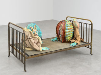 Kris Lemsalu, Mama is in your bed, 2022, Ceramics, fabric, metal, Approx. 110 x 217 x 117 cm / 43 1/4 x 85 3/8 x 46 1/8 in, © Kris Lemsalu, Courtesy the artist and Galerie Eva Presenhuber