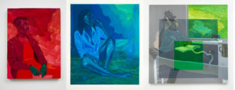 Left: Dominic Chambers, Untitled (Ife In Red), 2021, Oil on linen, 26 x 20 inches / 66 x 50 cm, Photo by Max Yawney, © Dominic Chambers, Courtesy the artist and Lehmann Maupin Gallery. Center: Dominic Chambers, Reverie in Blue (Kayla), 2021, Oil on linen, 66 x 56 inches / 167.6 x 142.2 cm Photo by Max Yawney, © Dominic Chambers, Courtesy the artist and Lehmann Maupin Gallery. Right: Dominic Chambers, After Albers (Africanus), 2021, Oil on linen, 60 x 60 inches / 152.4 x 152.4 cm, Photo by Max Yawney, © Dominic Chambers, Courtesy the artist and Lehmann Maupin Gallery