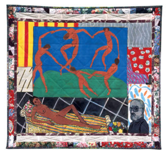 Faith Ringgold, Matisse’s Model: The French Collection Part I, #5, 1991. Acrylic on canvas, printed and tie-dyed pieced fabric, ink, 73 ¼ x 79 ¾ in. (186.1 x 202.6 cm). Baltimore Museum of Art; Frederick R. Weisman Contemporary Art Acquisitions Endowment. © Faith Ringgold / ARS, NY and DACS, London, courtesy ACA Galleries, New York 2022